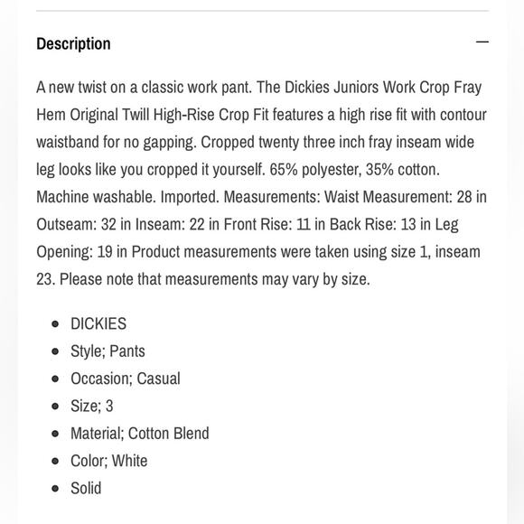 NWT Dickies Work White Cropped Frey Hem Pants Relaxed Fit Pockets Juniors 9 - Picture 4 of 4